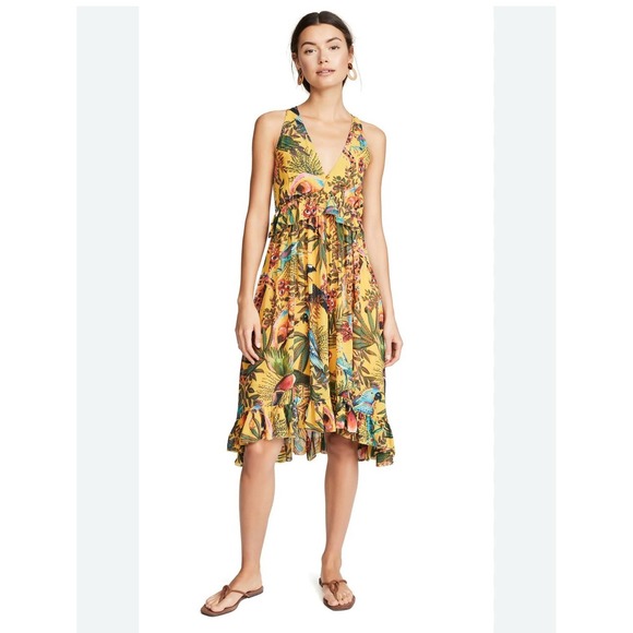 Farm Rio || Into The Wild Jungle Print Midi Dress Crepe Ruffle Yellow Medium - Picture 1 of 10